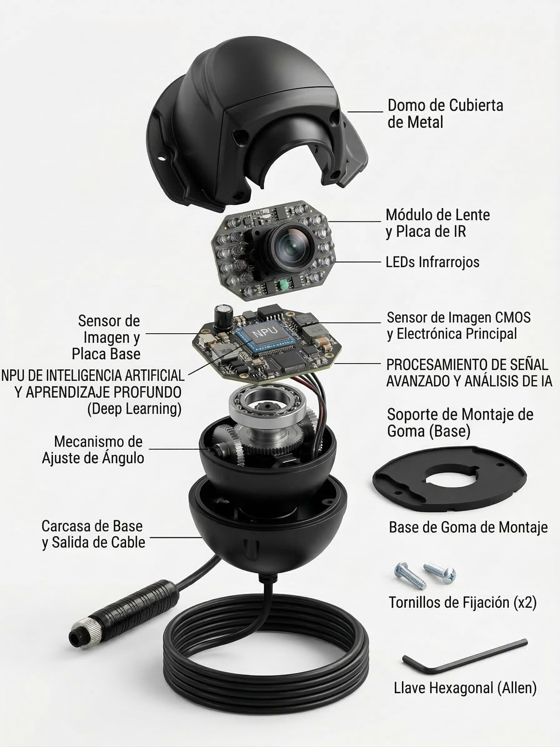 Despiece tecnico de la camara Vision360 con lente, iluminacion infrarroja, sensor y carcasa.