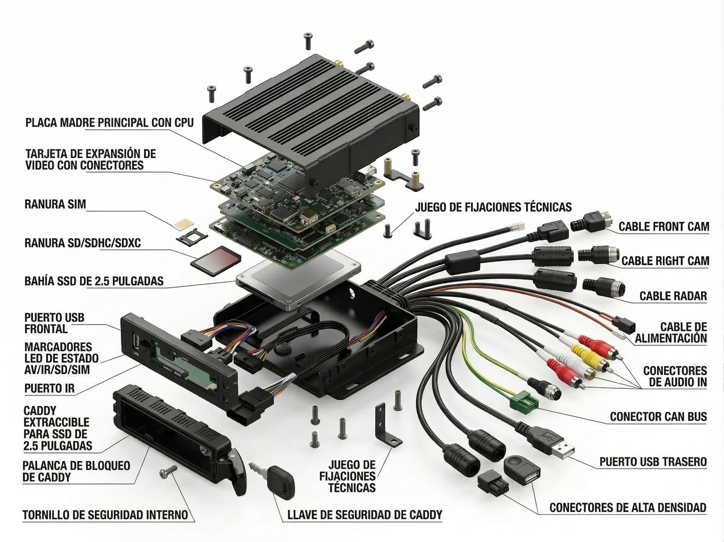 Despiece tecnico de la unidad central Vision360 con placa principal, conectores, almacenamiento y cableado.
