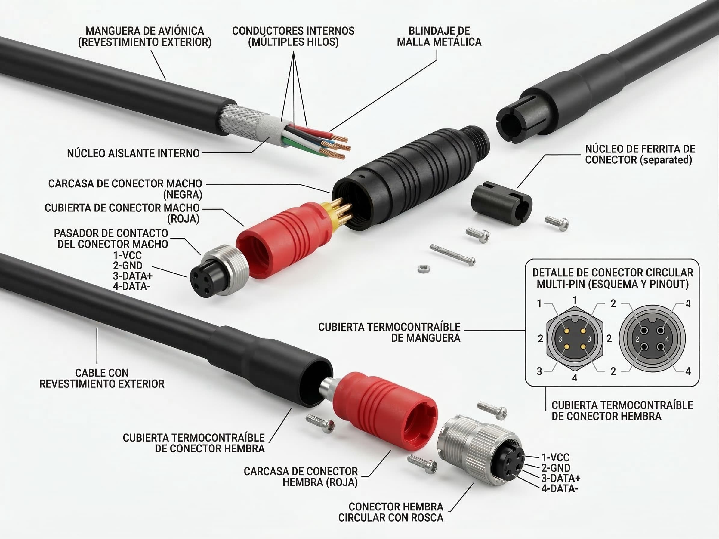 Detalle tecnico del cableado Vision360 con conectores circulares, recubrimiento y esquema de conexion.