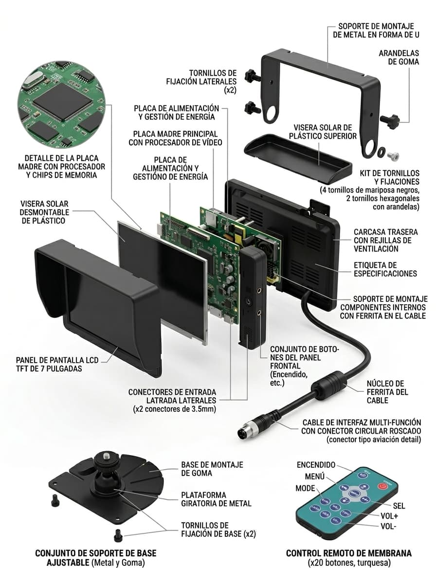 Despiece tecnico del monitor Vision360 con pantalla, carcasa, soporte y mando de control.