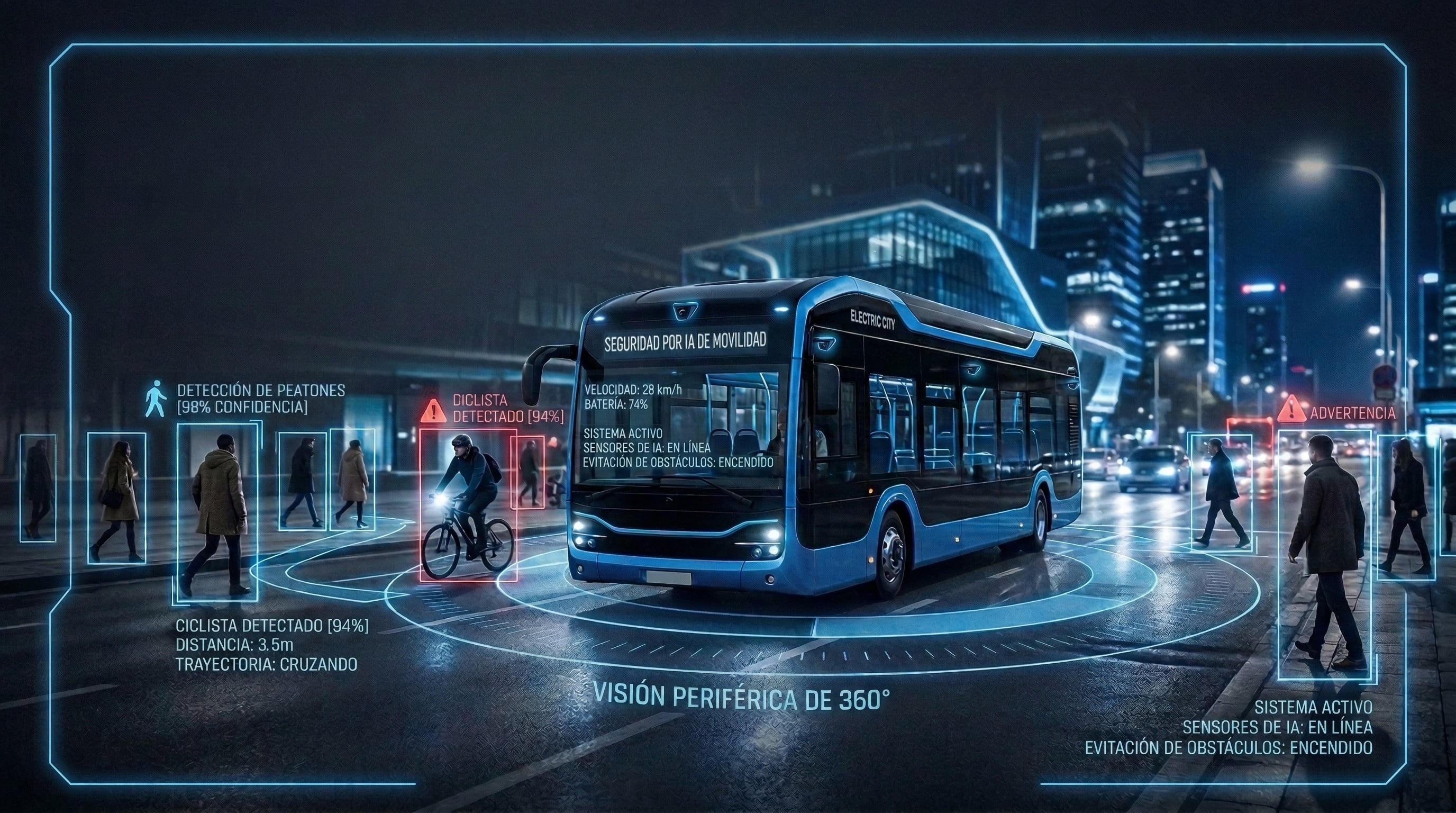 Autobus urbano con sistema ADAS, deteccion de peatones y ciclistas y vision perimetral 360 de Vision360IA