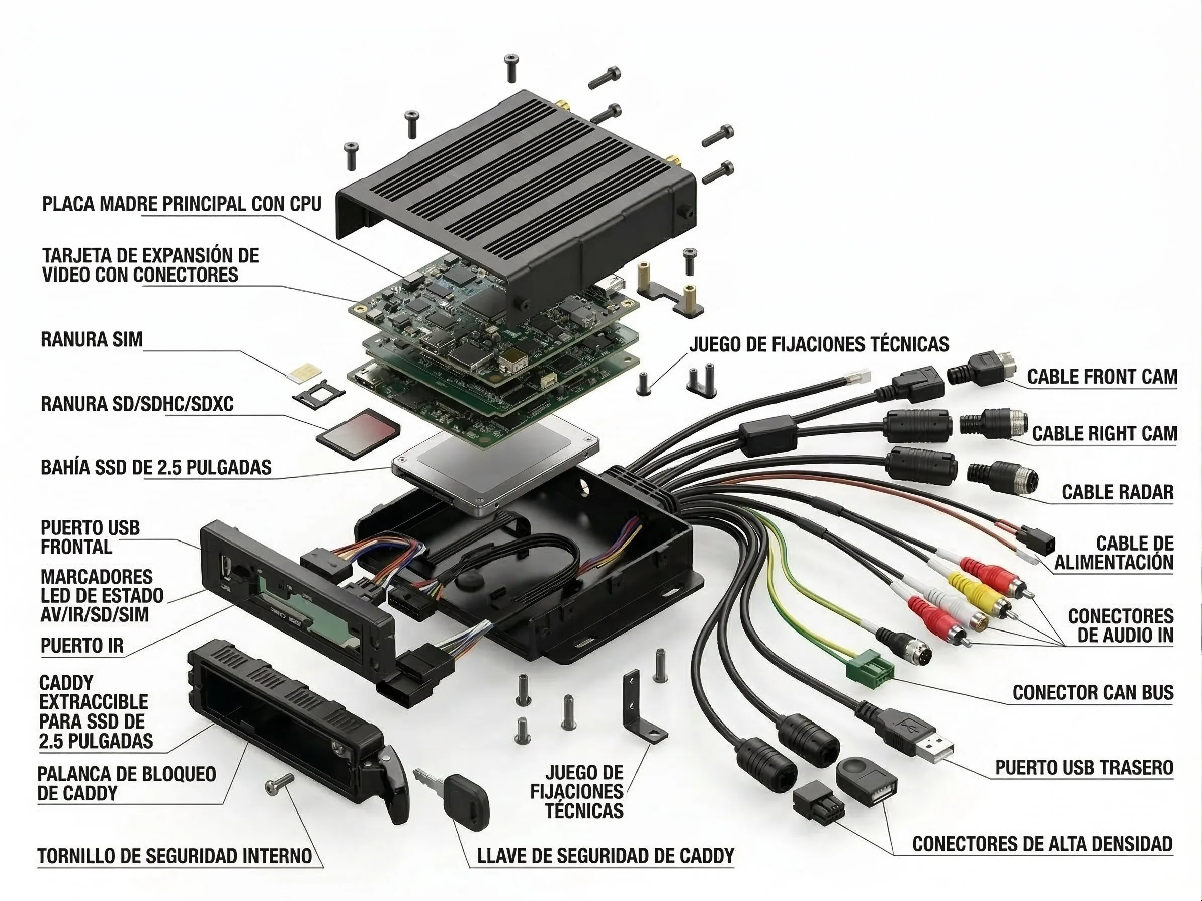 Despiece tecnico de la unidad central Vision360 con placa principal, conectores, almacenamiento y cableado.