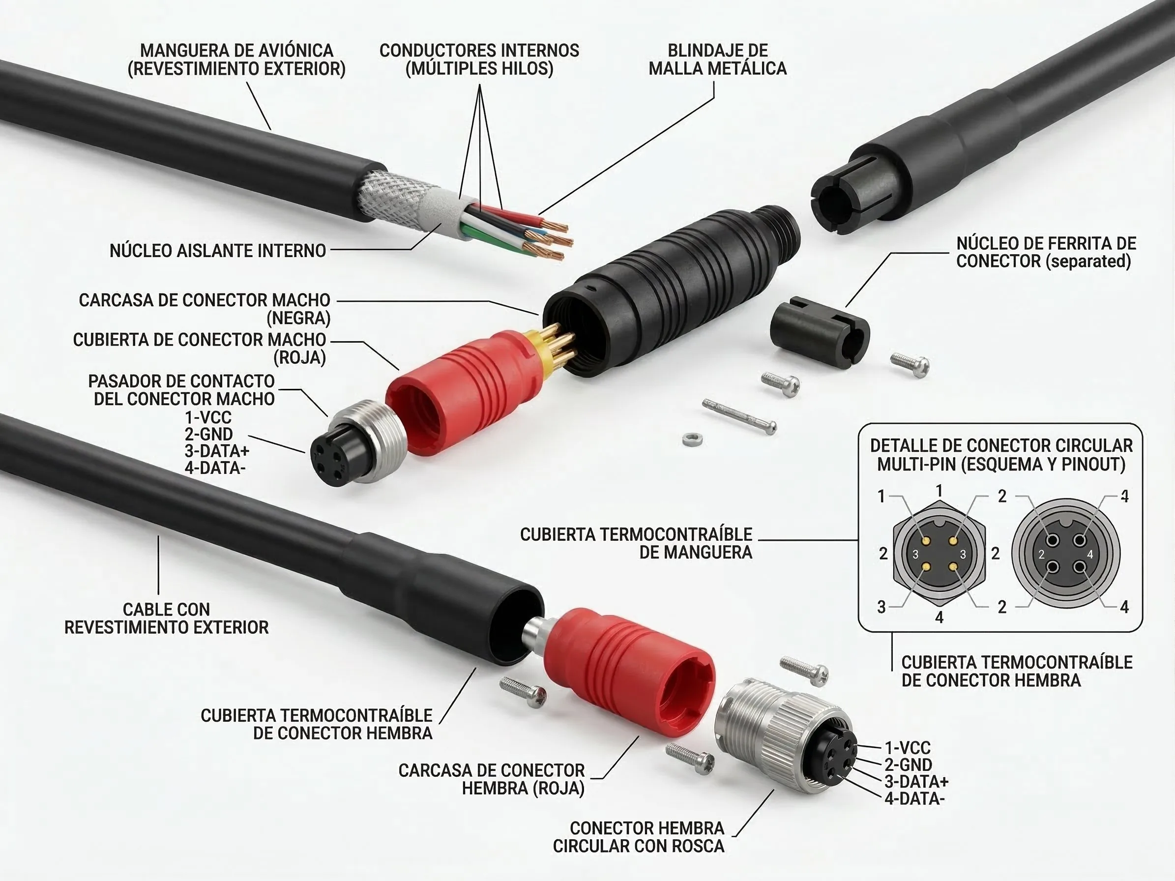 Detalle tecnico del cableado Vision360 con conectores circulares, recubrimiento y esquema de conexion.
