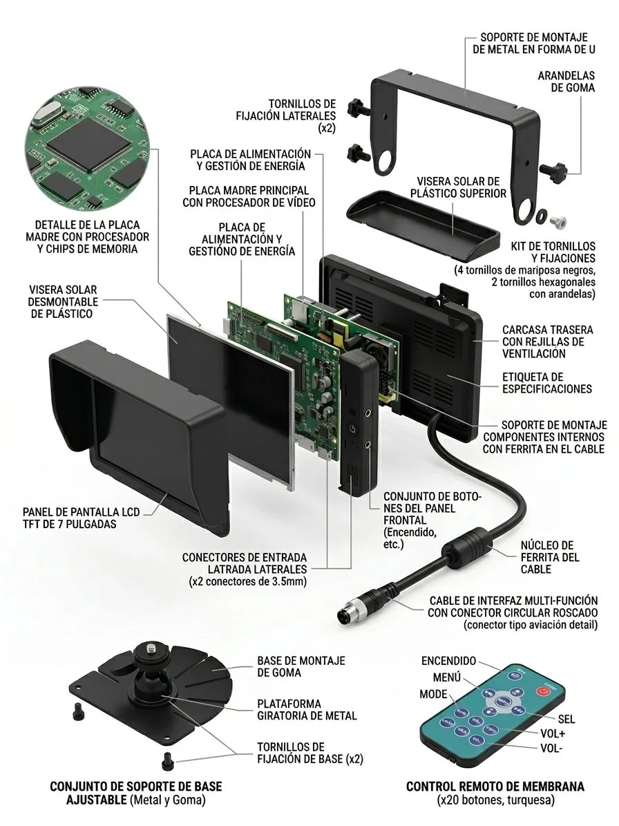 Despiece tecnico del monitor Vision360 con pantalla, carcasa, soporte y mando de control.